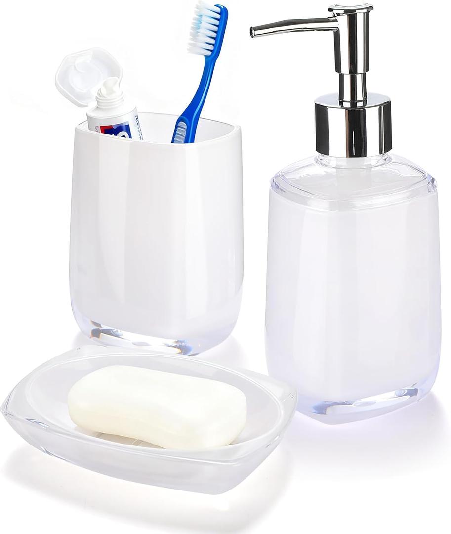 3 Pcs White Bathroom Accessories Set, Soap Dispenser, Soap Dish, Mouthwash Cup,Countertop Organizer Bathroom Sink Set,Boho Modern Bath Decor Gift for Home