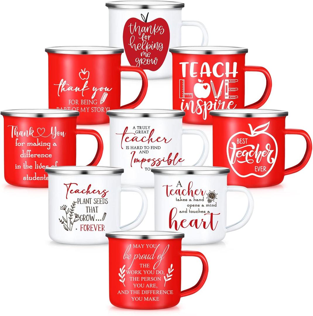 9 Pcs Teacher Appreciation Gift Bulk 12 oz Enamel Coffee Mug Teachers Thank You Gifts for Graduation End of Year Teacher Gift from Students School (Apple)