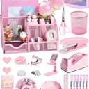 Pink Desk Accessories, 24Pcs Pink Office Supplies and Desk Organizers, with Tape Dispenser, Stapler, Staple Remover, Ect, Gift Box Packaging