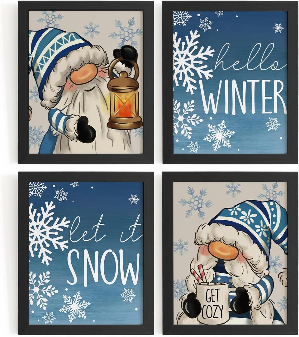 DSHFG Christmas Gnome Winter Pictures Bathroom Wall Art Decor Prints 8x10, Christmas Wall Decor for Home Bathroom Bedroom Living Room Kitchen, Set of 4, Unframed
