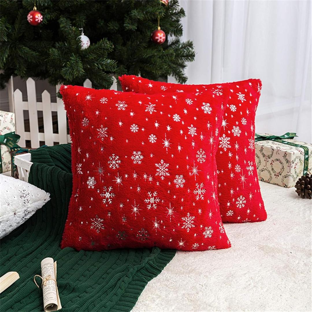 AQOTHES Soft Faux Fur Fuzzy Cute Decorative Throw Pillows Covers with Snowflake Glitter Printed Pillowcases for Christmas Decor Home Bed Room Sofa Chair Couch, Red, 18x18 inch, Pack of 2