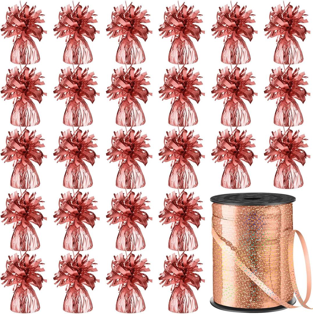 Yunsailing 24 Pcs Balloon Weights Metallic Anchor Balloon Holder for Helium Balloons Heavy Table Weights and 1 Roll Iridescent Crimped Ribbon for Birthday Wedding Baby Shower Party(Rose Gold)