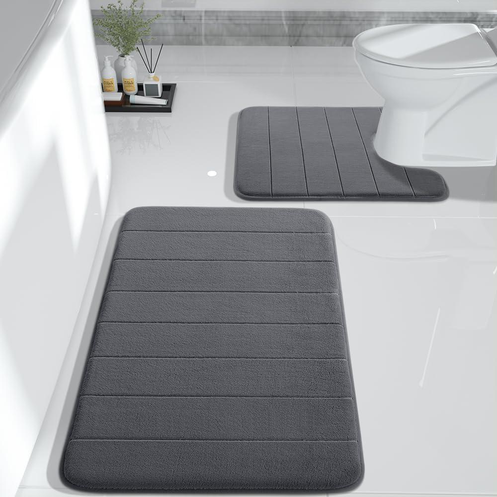 Yimobra Memory Foam Bath Mat Set, 2-Piece Soft U-Shaped Bath Rugs, 31.5x19.8 & 24x20.4, Anti-Slip, Quick-Dry Dark Gray