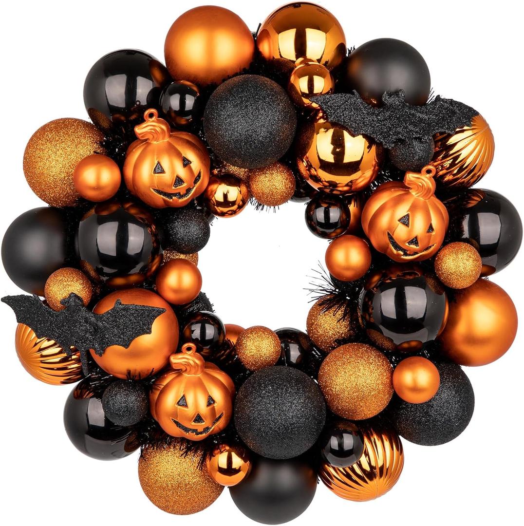 Halloween Wreath for Front Door, 13 inch Small Halloween Ball Wreath with Pumpkins Bats Shatterproof Front Door Wreaths Orange/Black Ball Ornament for Wall Mantel Porch Indoor Outdoor Decor