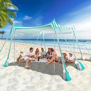 Rhino Valley Beach Tent Shade Canopy UPF50+ Protection, 8 Sandbags, 4 Stability Poles, Outdoor Sun Shelter Umbrella for Sand, Camping, Fishing Essentials