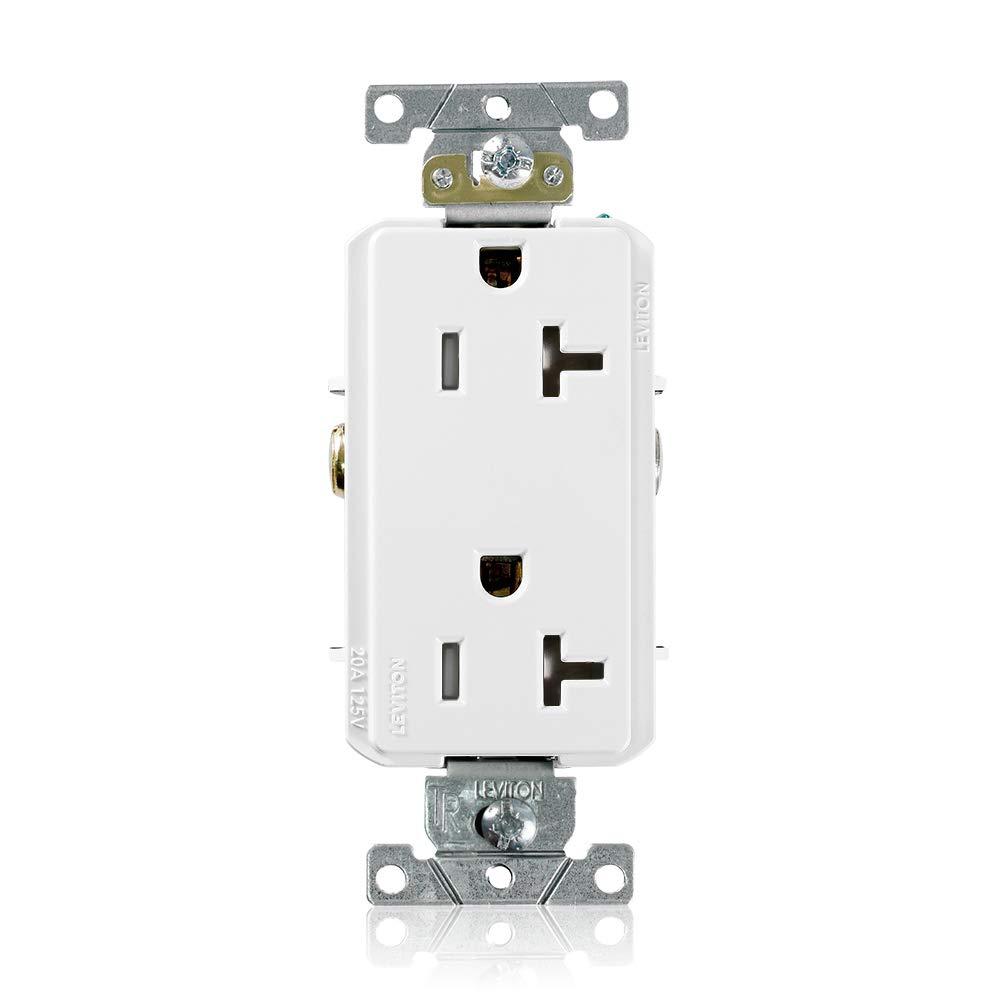 Leviton 20 Amp, 125 Volt, Tamper Resistant, Decora Plus Duplex Receptacle, Straight Blade, Commercial Grade, Self Grounding, TDR20-W, White