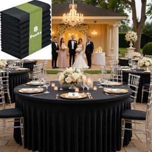 8 Pack Black Round Spandex Tablecloths for 60 inch Tables, Wrinkle Free Stretchy 120 inch Fitted Round Table Cloths Cover with Skirt for Wedding Birthday Parties Banquet