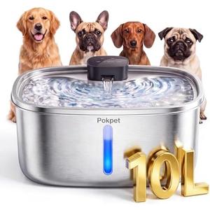 Pokpet Water Fountain for Dogs Home Outdoor Multi-Pet Stainless Steel 10L/2.64gal Wireless Large Dogs Motion Sensor Dispenser Filtered Cordless Bowl Waterer -Wireless Stainless Steel&1Filters