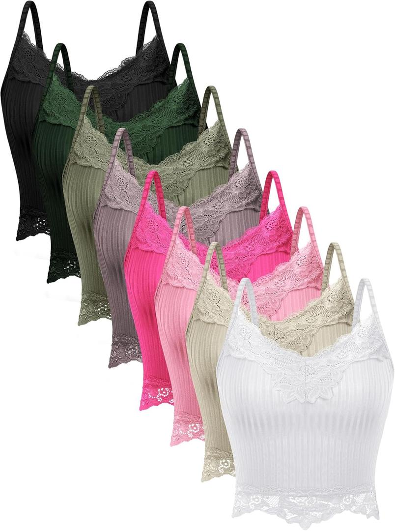 Geyoga 8 Pack Womens Y2k Crop Tops Fairy Grunge Clothes Lace Patchwork Tops V Neck Cami Ribbed Knitted Tank for Women (XX-Large, Bright)