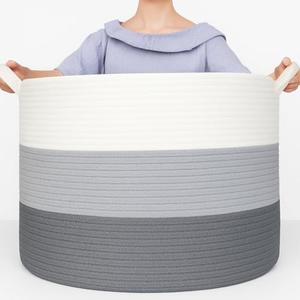 Handmade Large Cotton Rope Storage Basket, Laundry Hamper for Nursery, Woven Rope Laundry Hamper, 87L Laundry Basket for Blankets, Cotton Rope Basket with Handles, Clothes Organizer Grey & White