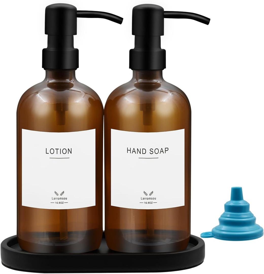 Dish Soap Dispenser Set with Stainless Steel Pump, Kitchen Soap Dispenser Set, Glass Matte Hand and Dish Soap Dispenser Set with Plaster Board Tray for Kitchen Decor-Style A