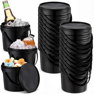 Funnymoom 20 Pack 48 oz Black Buckets with Lid and Handle Plastic Food Storage Containers Round Plastic Pails Freezer and Microwave Safe for Food