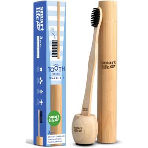 Bamboo Charcoal Toothbrush with Travel Case & Holder Kit - Extra Soft Natural Bristles for Sensitive Teeth | Eco Friendly Portable Wooden Travel Set | Single Wood Toothbrushes Stand & Cover (1 Count (Pack of 3))