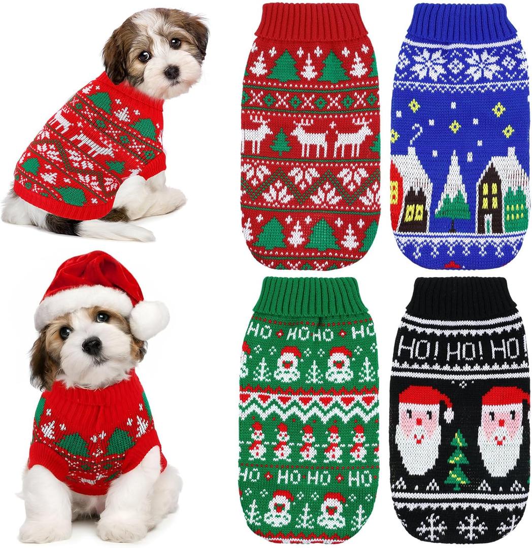 Yeyeplum 4 Pack Dog Ugly Christmas Sweater Puppy Cat Holiday Sweaters Santa Reindeer Snowman Snowflake Knitted Dog Christmas Outfit Winter Xmas Turtleneck Knitwear for Puppy Kitten Pets(XXL)