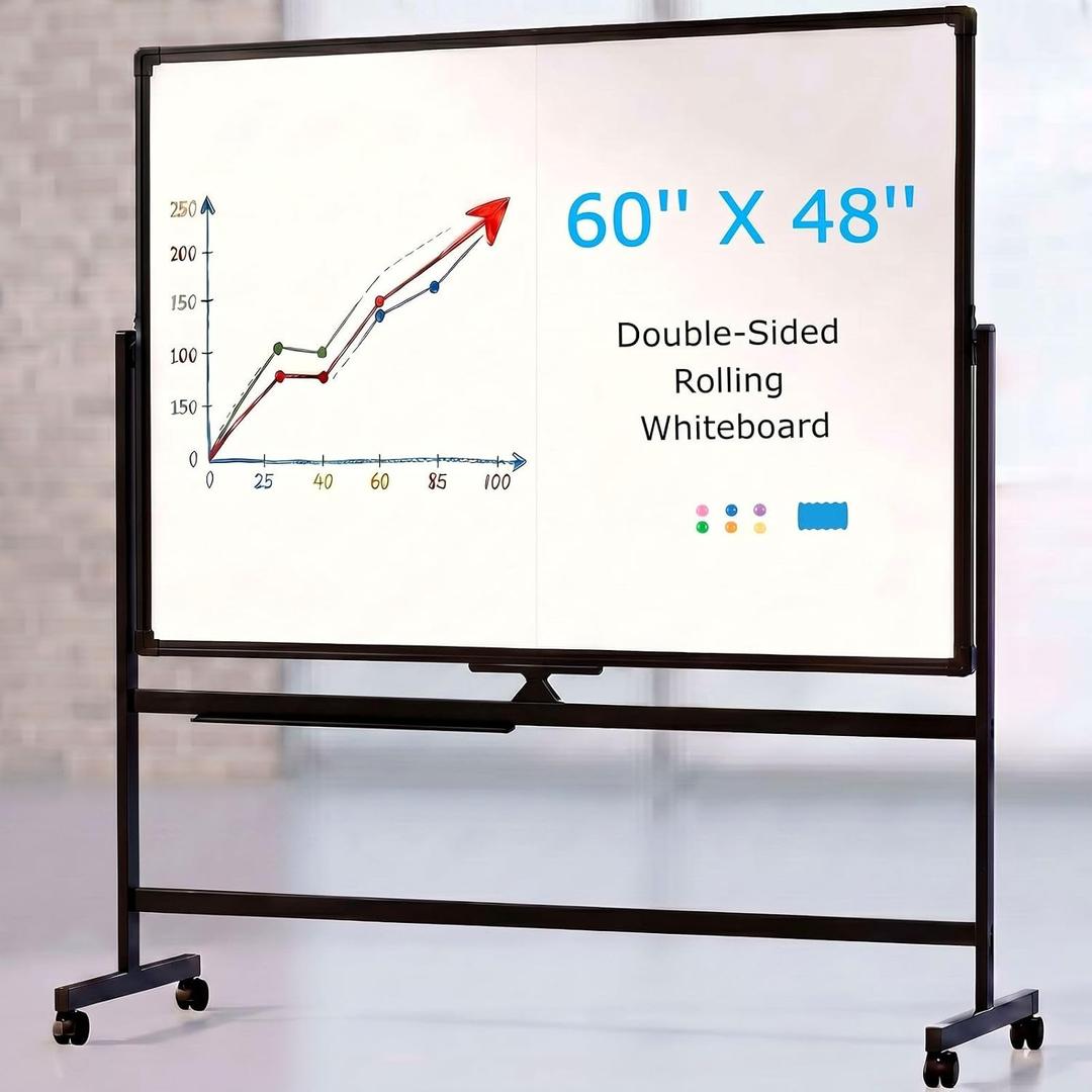 VOWNER Double-Sided Magnetic Whiteboard, 60" x 48" Mobile Dry Erase Board