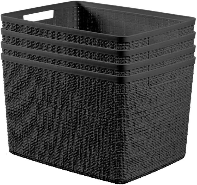 Curver Set of 4 Jute Large Decorative Plastic Organization and Storage Baskets, Perfect Bins for Home Office, Closet Shelves, Kitchen Pantry and All Bedroom Essentials, Black Curver Set of 4 Jute Large Decorative Plastic Organization and Storage Baskets, Perfect Bins for Home Office, Closet Shelves, Kitchen Pantry and All Bedroom Essentials, Black