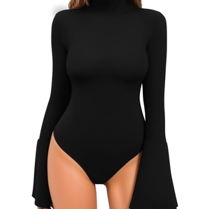 MANGOPOP Bell Sleeve Mock Neck Long Sleeve Bodysuit for Going Out Tops for Women M