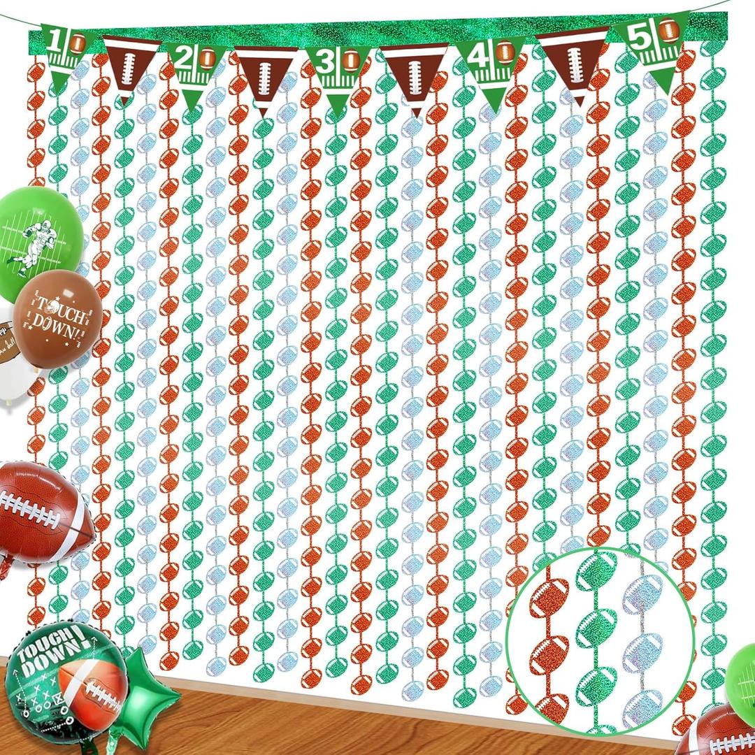 Blosssound 2 Packs Football Party Backdrop Decoration 3.3 x 6.6 ft Sport Ball Foil Fringe Curtain Glitter Green and Brown Tinsel Streamers for Football Day Sunday Night Sport Birthday Party Decoration