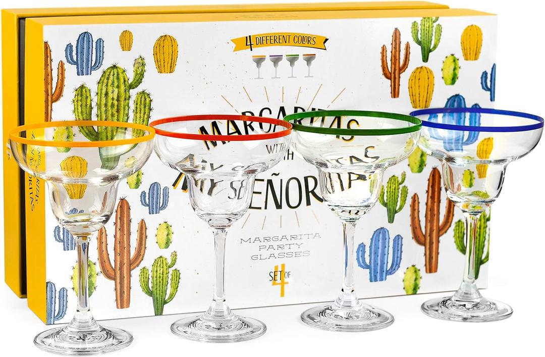 10 oz Margarita Cocktail Glasses + Colorful Party Rims | Set of 4 | Classic Frozen Drinks Stemware + Fun Cactus Gift Box | Thick Stem, Heavy Duty, Clear Hand Blown Glassware Drinking Set