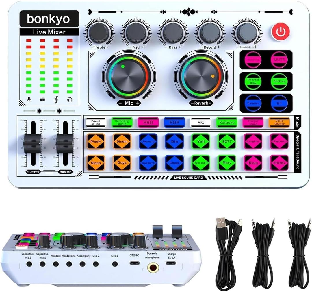 F999 White Live Streaming Sound Card, Professional Audio Mixer, Voice Changer Soundboard with Audio Interface, Bluetooth, Noise Reduction, DJ Mixer Board for Live/Podcasting/Gaming