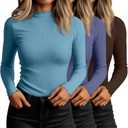 Huukeay 3 Pack Women's Ribbed Mock Turtleneck Shirts Cotton Long Sleeve Tops Lettuce Trim Slim Fit Soft Tees for Layering (Large, Blue, Purple, Mocha)