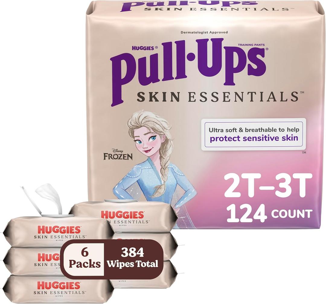Bundle of Pull-Ups Girls' Skin Essentials Potty Training Pants, Training Underwear, 2T-3T (16-34 lbs), 124 Ct (4 Packs of 31) + Baby Wipes, 99% Water, 6 Flip Top Packs (336 Wipes Total)