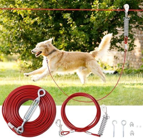LUFFWELL 50FT Dog Runner for Yard with 10FT Tie Out Cable - Heavy Duty Trolley System for Large Dogs Up to 250LBS, Backyard/Park/Camping Use (Red, 50FT+10FT)
