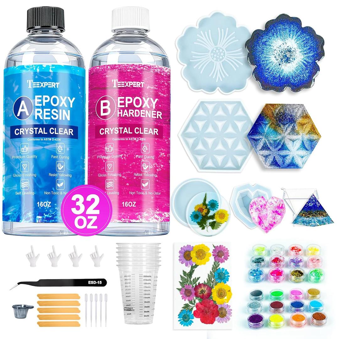 Teexpert Epoxy Resin Kit for Beginners, 32OZ Resin Kit with Silicone Molds, Complete Set with 24 Colors, Dried Flowers and Art Supplies, Crafts for Adults, Gift Set for DIY Coaster & Decor