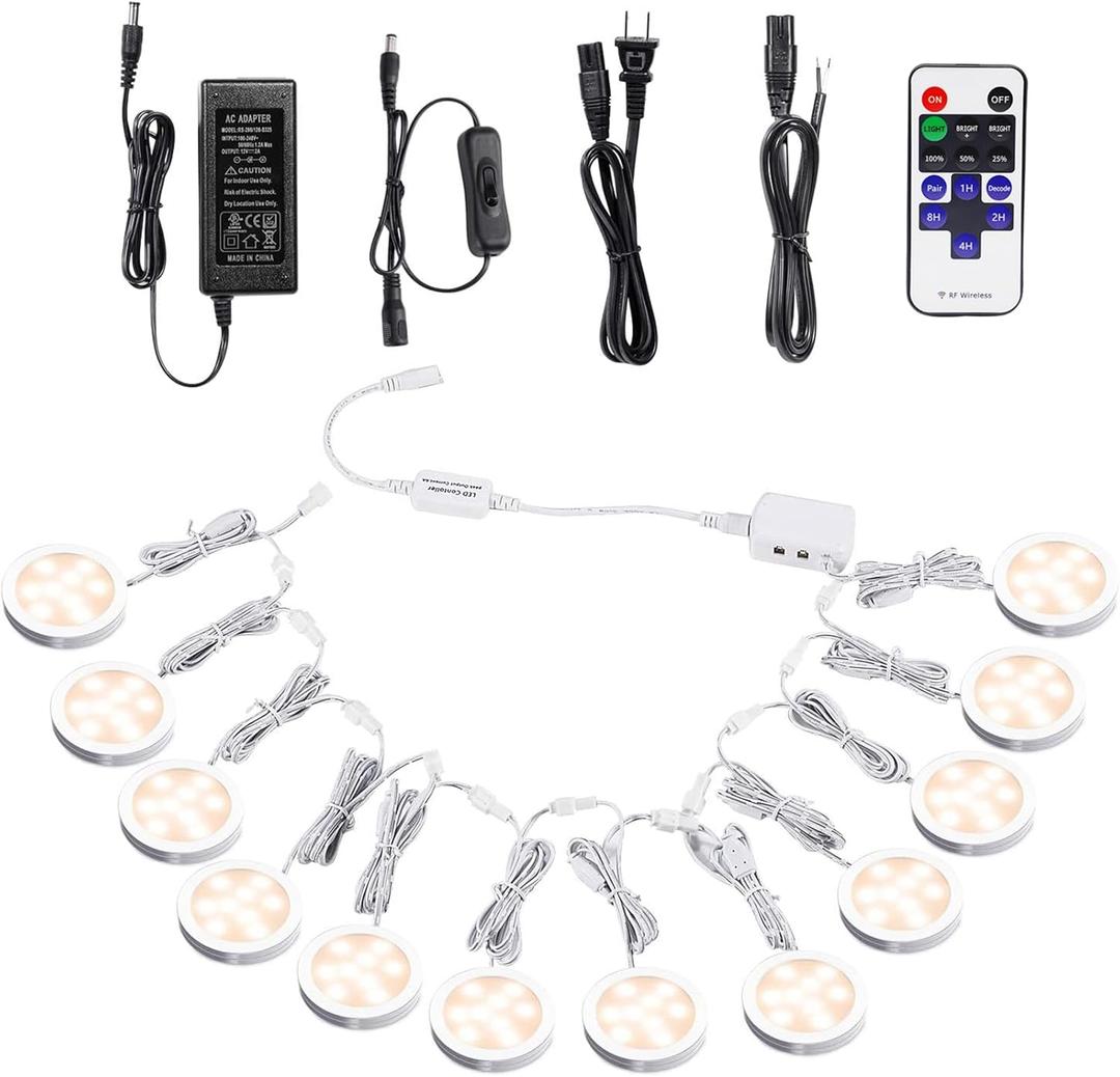 AIBOO Linkable Under Cabinet LED Lighting 12V Dimmable Puck Lights with Wireless RF Remote Control, Hardwired & Wall Plug in for Kitchen Mood Lighting (Warm White, 12 Lights Kit)