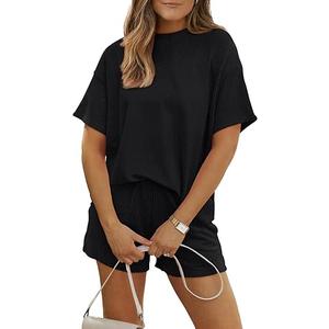 LILLUSORY Womens 2 Piece Short Set Summer Lounge 2026 Travel Vacation Beach Cruise Matching Outfit Ribbed Loungewear S