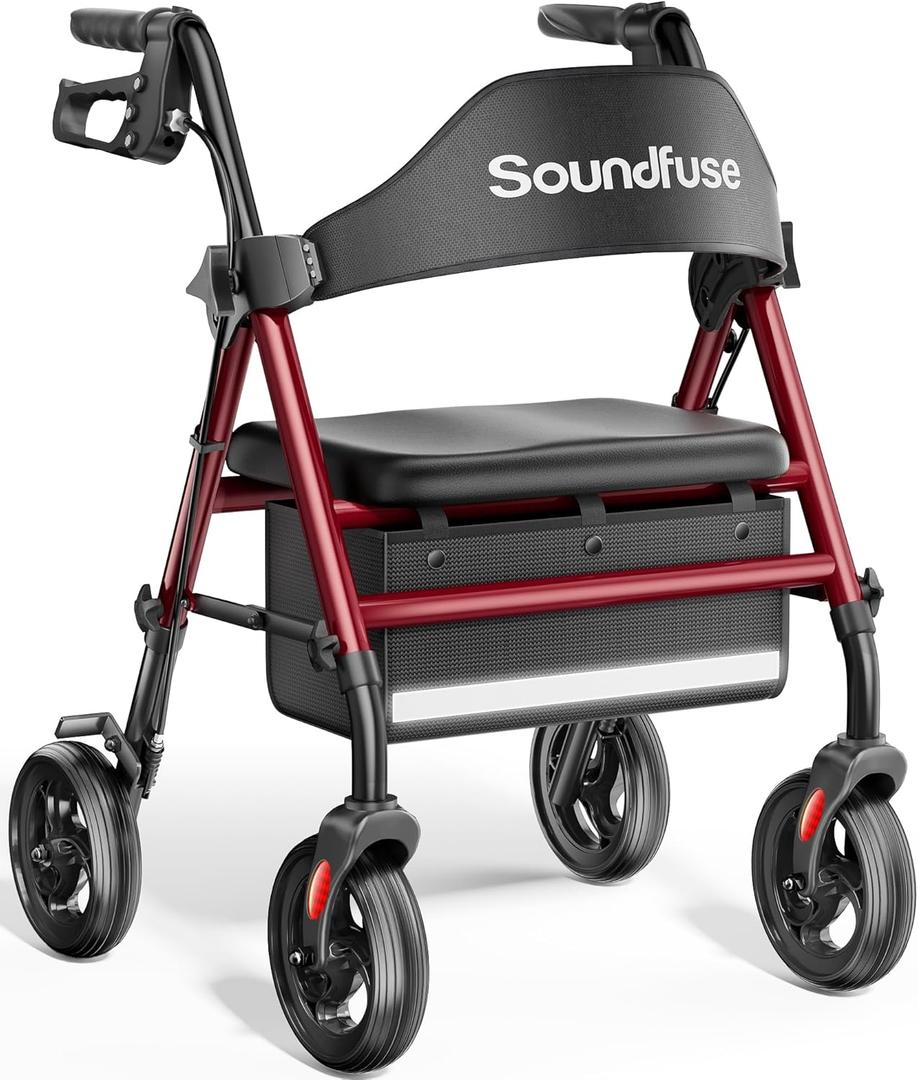 Rollator Walkers with Seat for Seniors, Foldable 8" Big Wheels All Terrain Rolling Walker, Handles and Ergonomic Seat Height Adjustable, 350 lb, FSA HSA Eligible (Burgundy)