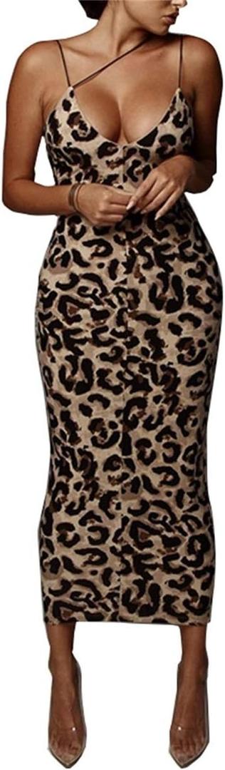 PRIMODA Women's Sexy Neon Asymmetrical Spaghetti Strap Dress Deep V-Neck Sleeveless Bodycon Midi Club Dress (Leopard) XL