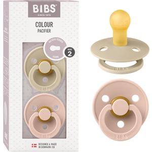 Bibs Pacifiers Color Collection, Set of 2 BPA-Free Latex Pacifiers Made in Europe, Round Nipple Baby Pacifier. (6+ Month (Pack of 2), Vanilla / Blush)