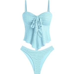 ZAFUL Tankini Swimsuits for Women Tie Front Ruffles Lace Textured High Cut Strapless Two Piece Swimsuit (L, Baby Blue)
