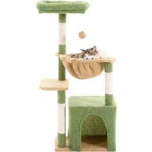 Cat Tree for Indoor Cats, 39.8-inch Cat Tower with 2 Plush Perches for Play & Rest, 1 Cozy Hideaway, Dangling Toy & Full Sisal Scratching Posts for Small Cats, Green