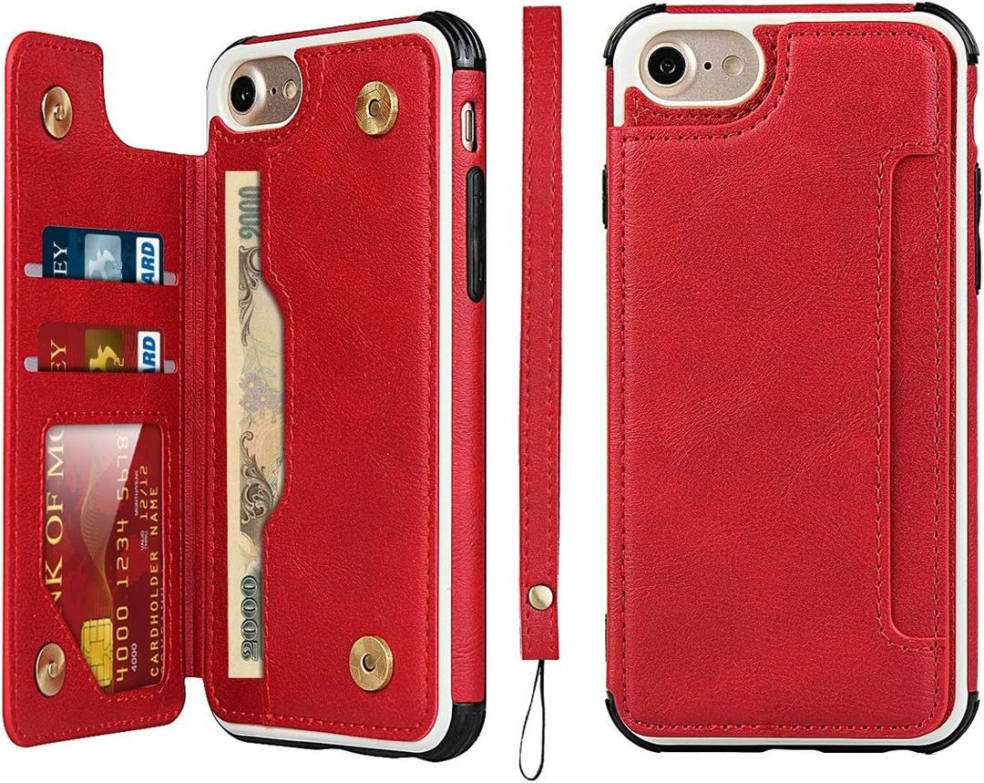 iCoverCase Compatible with iPhone SE(2022)/SE(2020)/7/8/6/6s Wallet Case with Card Slots Holder and Wrist Strap Premium PU Leather Kickstand Magnetic Clasp Shockproof Flip Cover Case (Red)