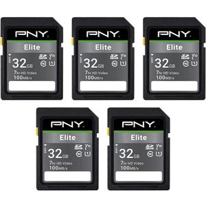 PNY 32GB Elite Class 10 U1 V10 SDHC Flash Memory Card - 100MB/s Read, Class 10, U1 Full HD, UHS-I, Full Size SD (Pack of 5) PNY 32GB Elite Class 10 U1 V10 SDHC Flash Memory Card - 100MB/s Read, Class 10, U1 Full HD, UHS-I, Full Size SD (Pack of 5)