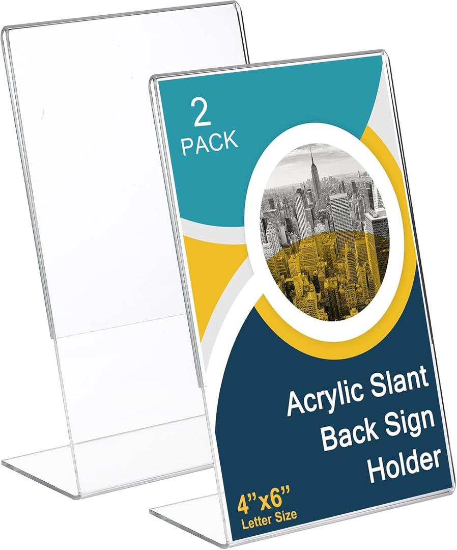 Sanwuta 2 Pcs 4 x 6 Inch Acrylic Sign Holder, Slant Sign Display Stand, Transparent Flyer Holder Frame Plastic Document Display for Workers Teachers Office Home Menu Desktop