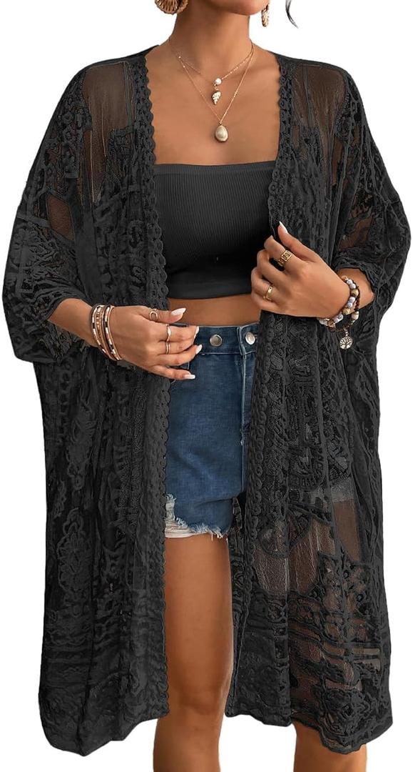 Bsubseach Lace Kimonos for Women 2025 Swim Cover Up Summer Beach Coverup Open Front Sheer Kimono Cardigan (One Size, Black)