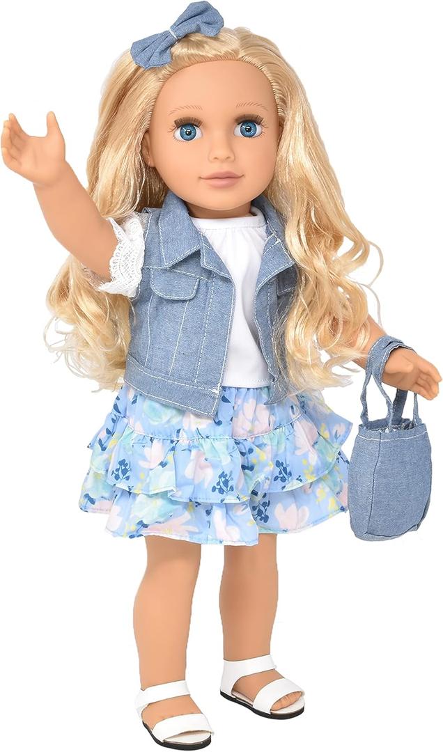 Gift Boutique 18 Inch Girl Doll, Fashion Doll with Fine Blond Long Hair, Blue Eyes, Floral Outfit, Denim Jacket, Sandals, Boots, Hair Bow, Handbag