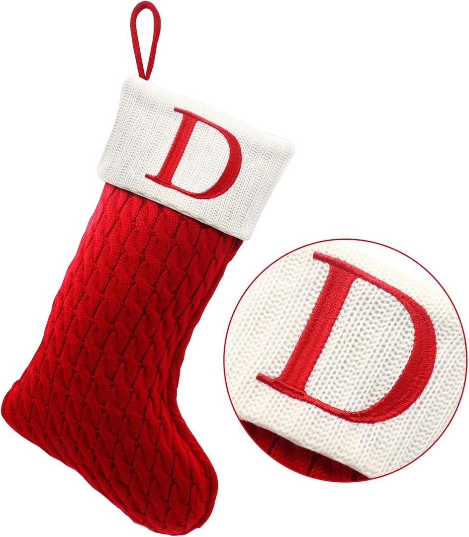 ZOEA 20 Inches Christmas Stockings with Initials, Large Embroidered Letter Knit Christmas Stocking for Family Holiday Decorations and Xmas Gift (D, Red)