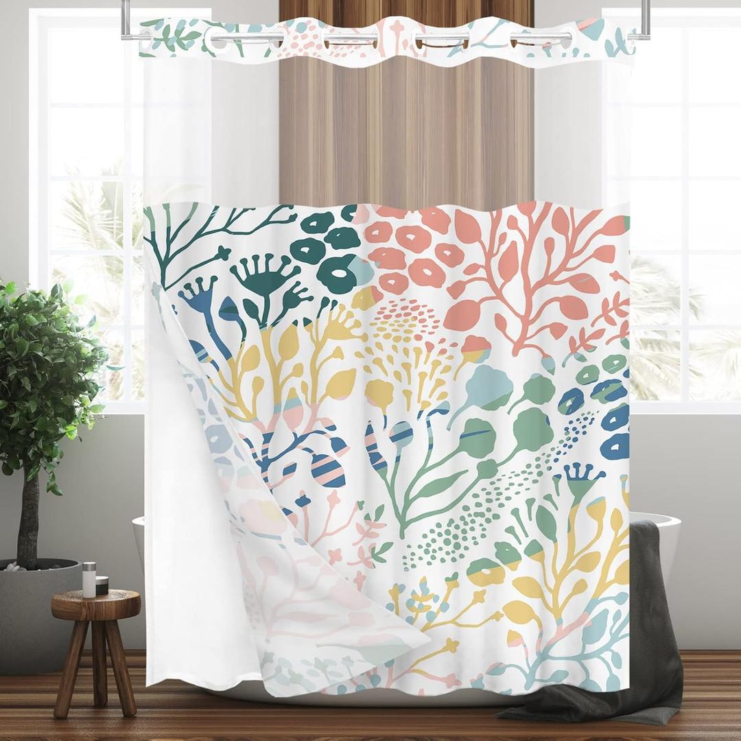 Tititex No Hooks Snap in Liner Colorful Coral Shower Curtain, Hotel Luxury Double Layers Waterproof Fabric & See-Through Top Window Bathroom Decorative 72x72 Inch