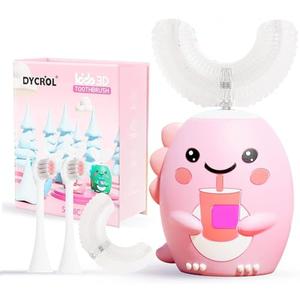 DYCROL Kids U Shaped Electric Toothbrush with 4 Brush Heads, Sonic Toothbrush Kids with 5 Modes, Cartoon Dinosaur 360-Degree Cleaning IPX7 Waterproof Design (6-12 Age (Pink))