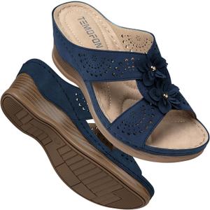 TEMOFON Womens Wedge Sandals Leather: Dressy Sandal, Rubber Sole, Comfortable Walking, Casual Slip on Summer Shoes, Size 8.5