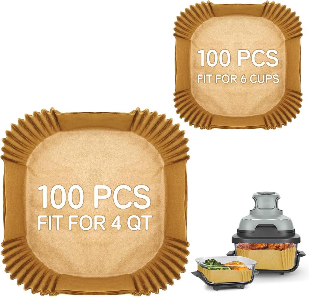 200PCS Air Fryer Liners for Ninja Crispi - FN101, Disposable Parchment Paper Liners - 100 Large (4QT) & 100 Small (6-Cup), Non-Stick, Square, Bleach-Free Accessories
