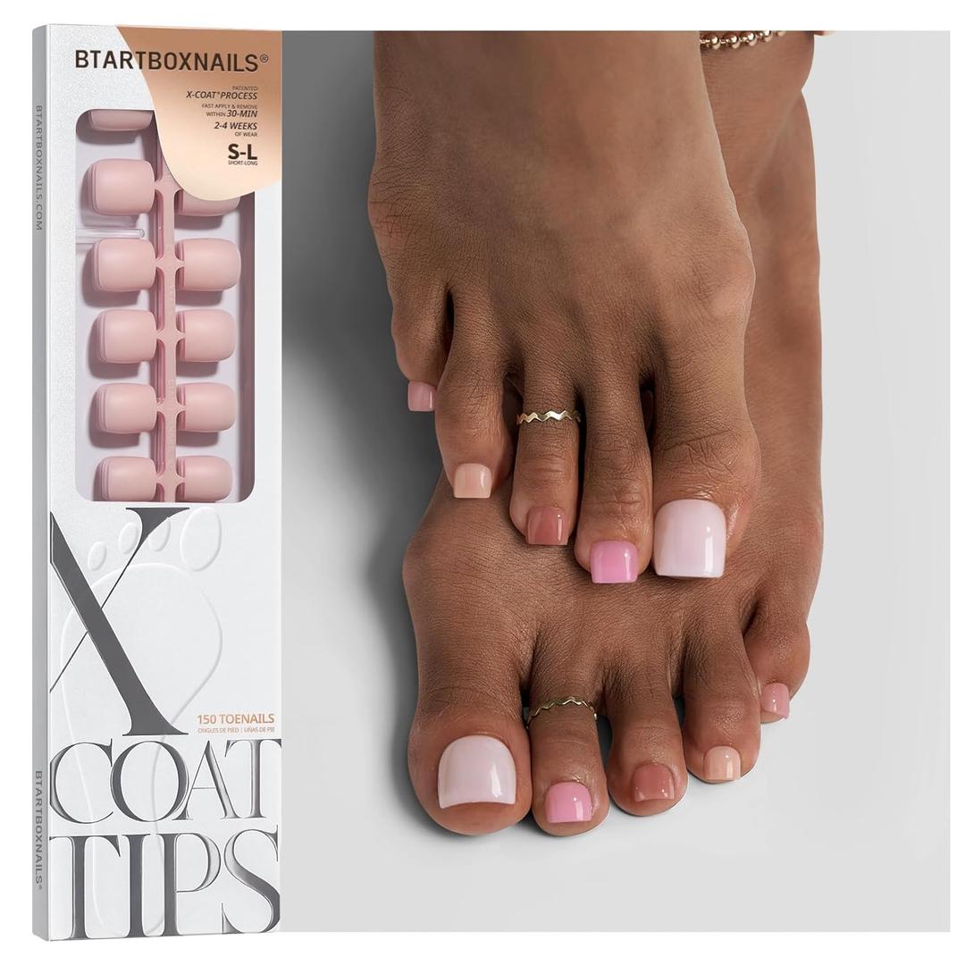 BTArtboxnails XCOATTIPS Bare 5-Shades Nude Press on Toenails - 4-Week Wear Square Toenails, Easy to Apply, Soak Off, Salon Quality Value at Home, 15 Sizes - 150 Fake Nails