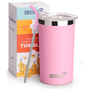 Mollcity Tumbler with Lids and Straws 12 oz Stainless Steel Double Wall Vacuum Insulated Skinny Tumbler for Girls, Leak Proof and BPA Pink