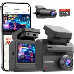 DDPAI Dash Cam Front and Rear, 4K+1080P Car On-Dash Mounted Cameras, Dashcam Included 64GB Card, Built-in 5G WiFi 6, GPS, 3'' IPS, AI ISP Night Vision, 48H Parking Mode, Loop Recording, ADAS, Z50 Pro
