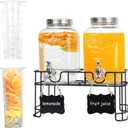 2-Pack 1 Gallon Glass Drink Dispensers for Parties - Leak-Proof Beverage Dispenser with Stand, Spigot, Ice Cylinder & Chalkboard Labels - Perfect for Lemonade, Iced Tea, and Party Drinks