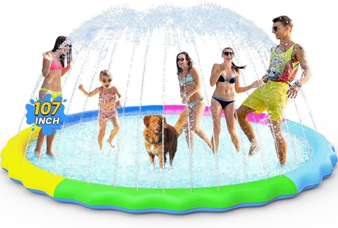VISTOP Non-Slip Splash Pad for Kids and Dog, Thicken Sprinkler Pool Summer Outdoor Water Toys - Fun Backyard Fountain Play Mat for Baby Girls Boys Children or Pet Dog (107 Inch, Red&Yellow&Green&Blue)